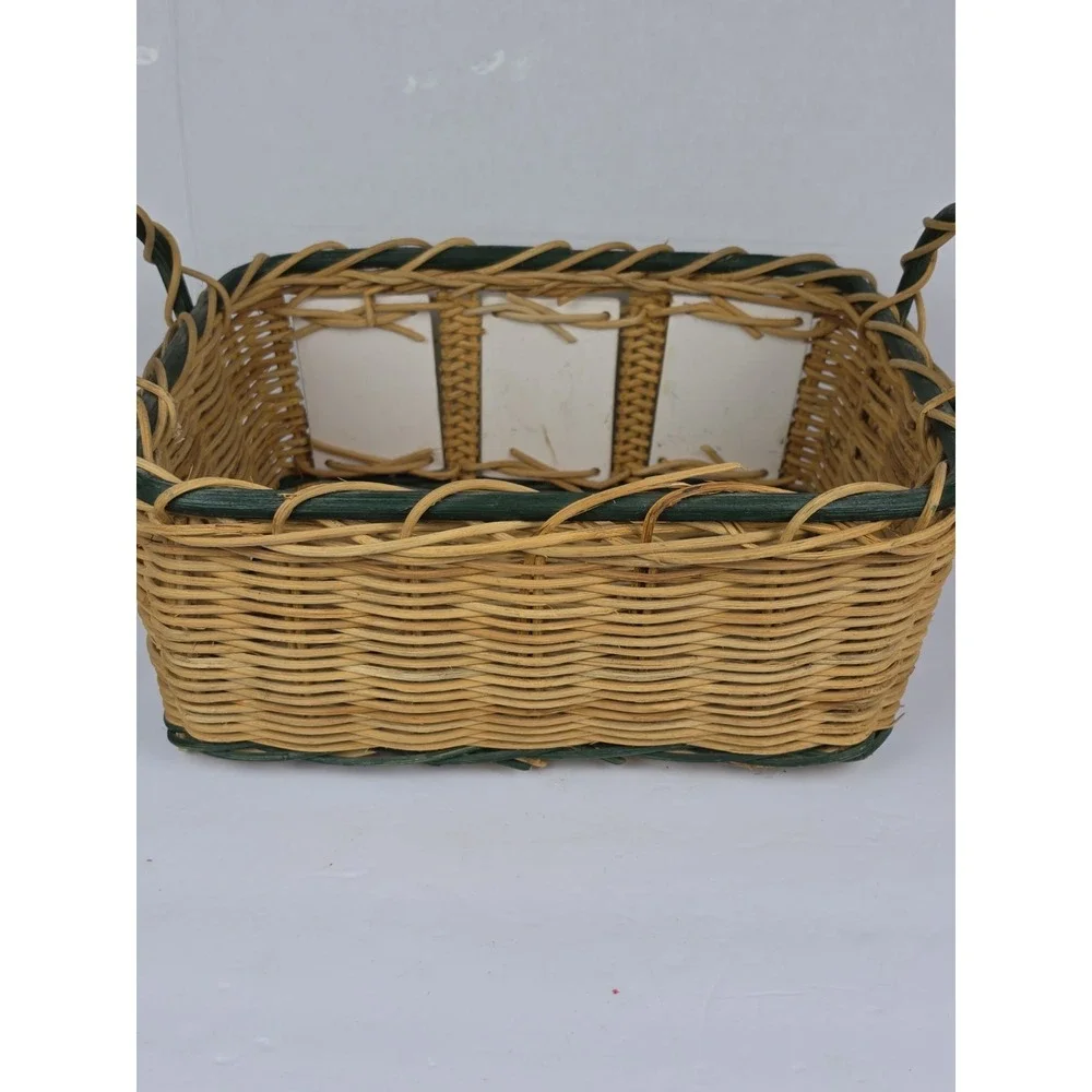 Woven Wicker Basket With Painted Ceramic Tile Accents Gardening Theme Handles